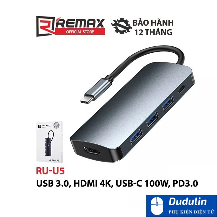 HUB Chuyển đổi 5 trong 1 Remax RU-U5 1 cổng Type c ra 01 Cổng HDMI 03 Cổng USB 3.0 và 01 Cổng Type C tích hợp PD