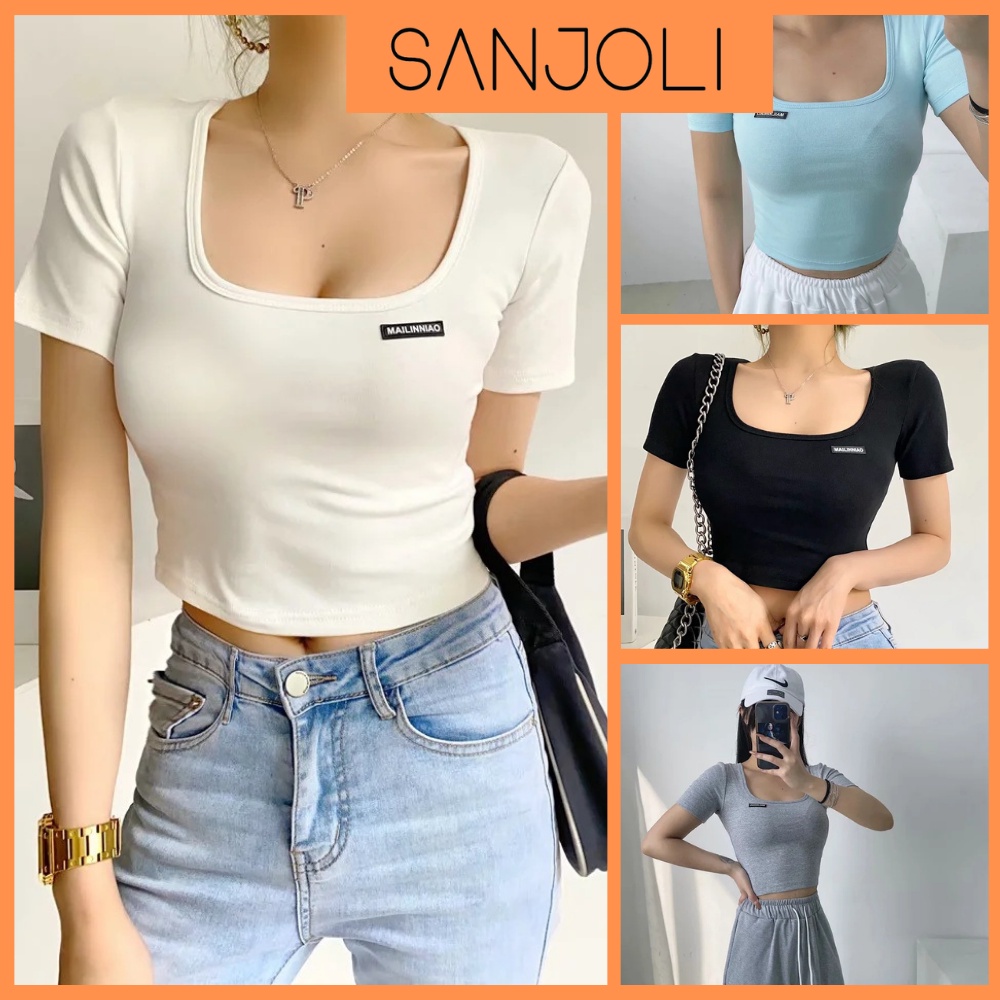 Áo Croptop Cổ Vuông SANJOLI Nữ Kiểu Ôm Body Tay Ngắn, Vải Thun Thể Thao Đẹp, Kiểu Ulzzang Hàn Quốc Đẹp Trắng Đen AO020