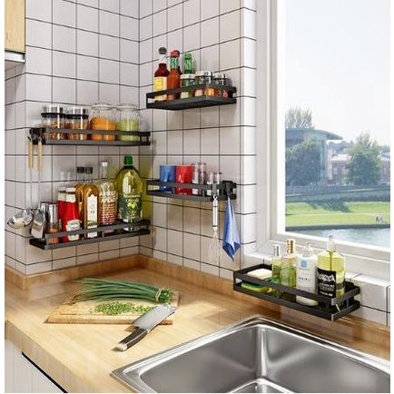 Kệ để gia vị 1 tầng đen tabi dán tường nhà bếp không khoan đục