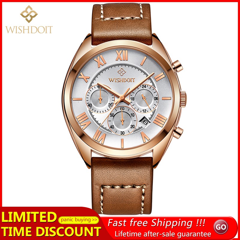 【Official product】WISHDOIT Multifunction Three-eye chronograph Sports waterproof swim watches Leisure Leather watch Popular watches Calendar function Quartz watch Student personality watch