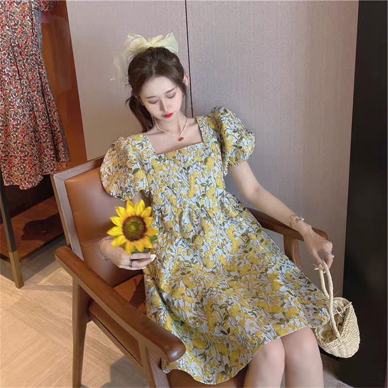 Đầm Hoa Tay Phồng Cổ Vuông Xinh Xắn Cổ Điển Dành Cho Nữ