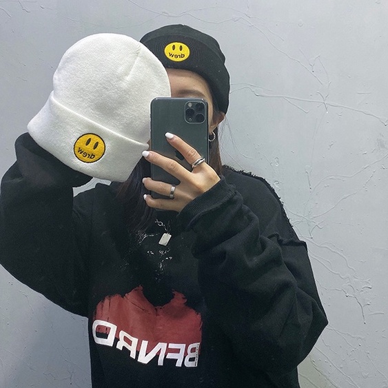 Mũ Len Thêu Hình Mặt Cười Phong Cách Hip Hop Đường Phố