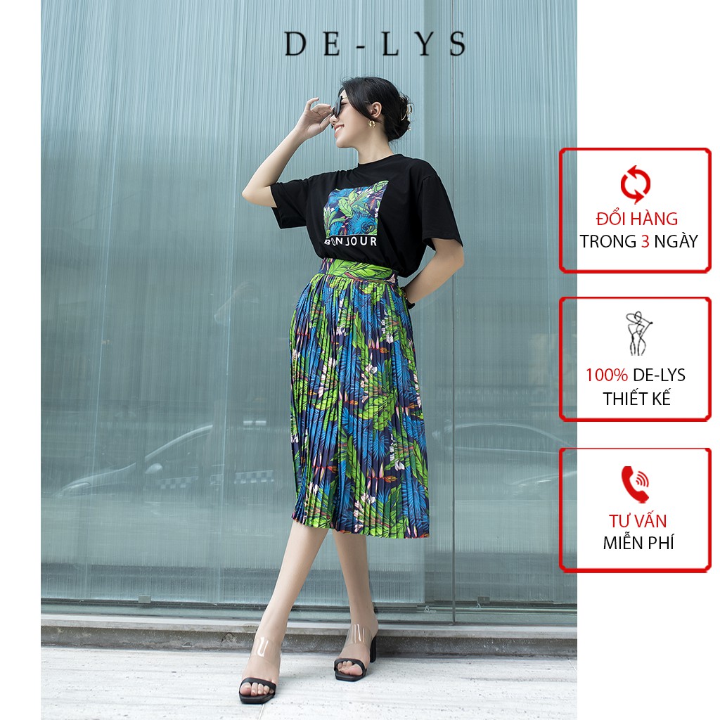 Chân váy xếp ly dài Delys & áo phông nữ form rộng cổ tròn đen in họa tiết lá cọ