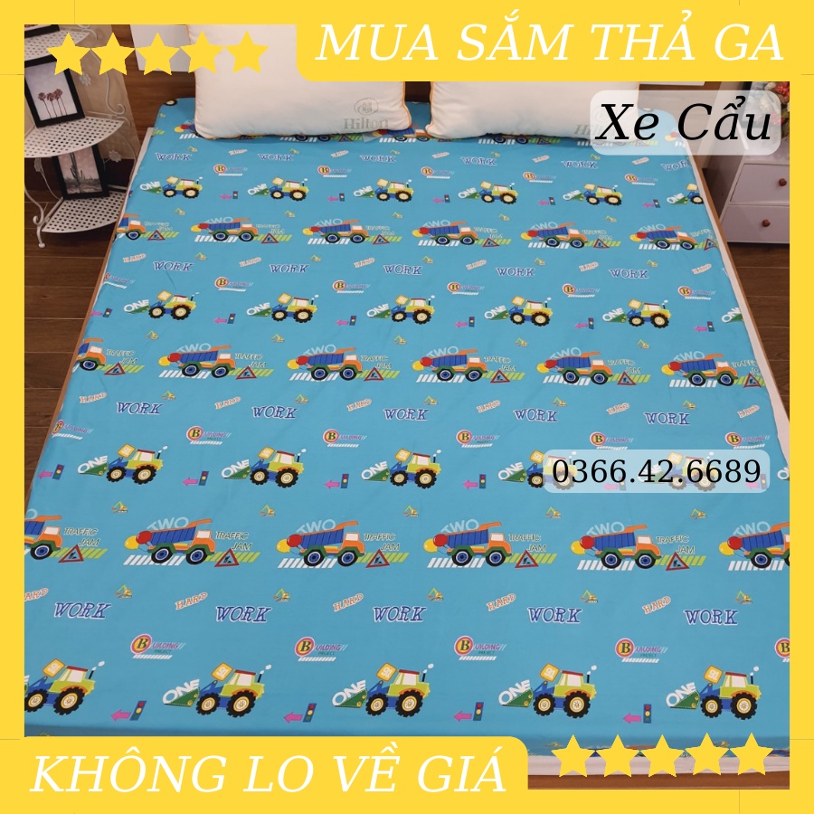 (Siêu đẹp) Tấm ga bọc giường cotton chống thấm tuyệt đối hoạ tiết hoạt hình đẹp | Drap chống nước cotton mẫu Xe cẩu