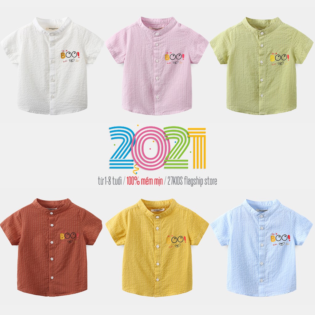 Áo sơ mi cổ tàu cho bé WELLKIDS áo sơ mi cộc tay họa tiết hoạt hình chất cotton hàng xuất Âu Mỹ