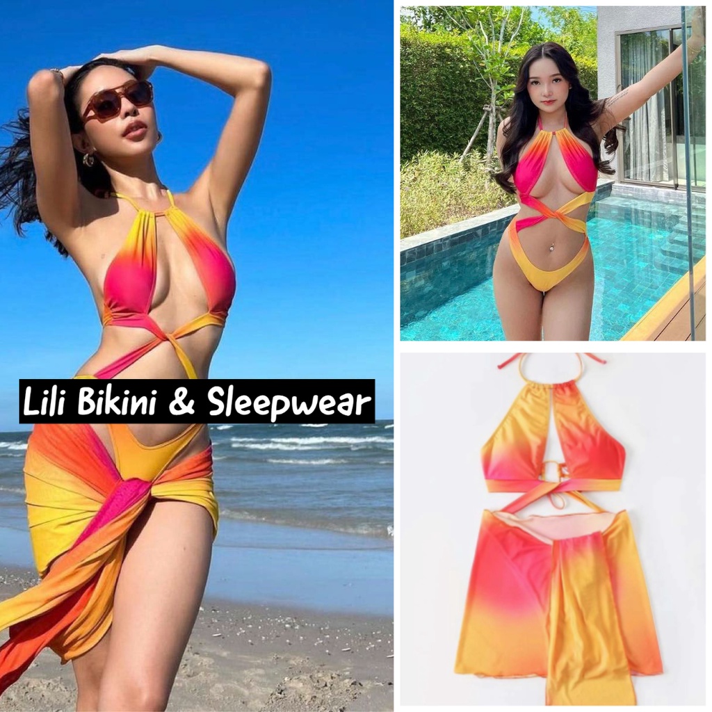 (Có sẵn) Bộ đồ bơi Bikini  một mảnh Âu Mỹ màu cam loang siêu đẹp kèm váy tôn dáng khoe eo sexy