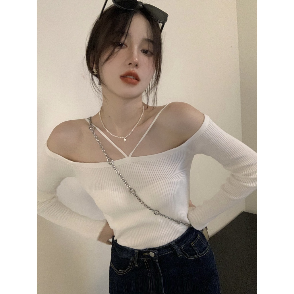 Áo Dệt Kim Nữ Tay Dài Trễ Vai Gợi Cảm Thời Trang