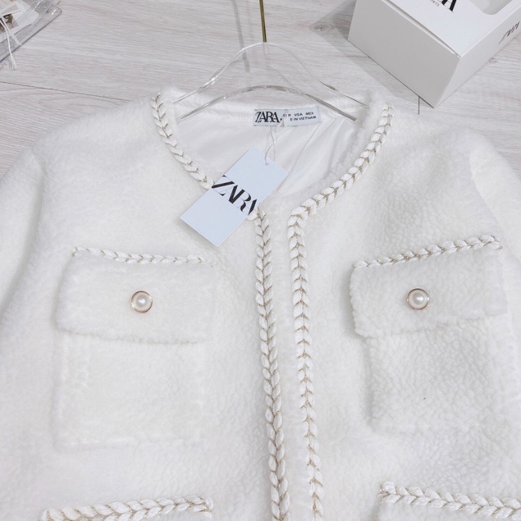 ÁO LÔNG DẠ VIỀN CÚC  DÂY DỆT TRẮNG 4 NẮP TÚI