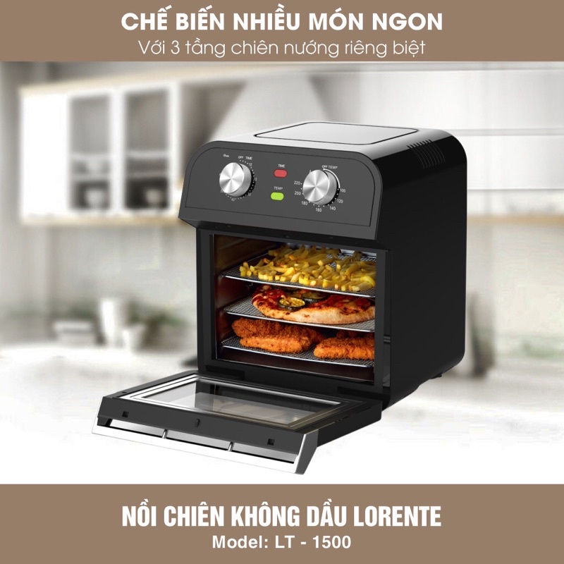 [Sẵn Kho] Nồi chiên không dầu Dung tích 15Lit Lorente LT-1500, công suất 1600W, màu đen, Bảo hành 12 tháng