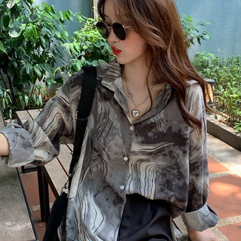 Áo Sơ Mi Tay Dài Dáng Rộng In Họa Tiết Mực Độc Đáo Phong Cách Hàn Quốc Thời Trang Mới Cho Nữ