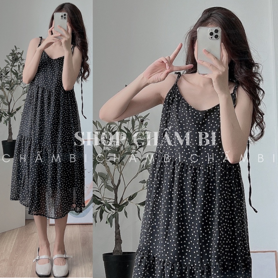 Váy nữ maxi V.106, Váy kiểu nữ hai dây babydoll xòe tầng thắt dây nơ họa tiết chấm bi tiểu thư - Thời trang nữ Chấm Bi