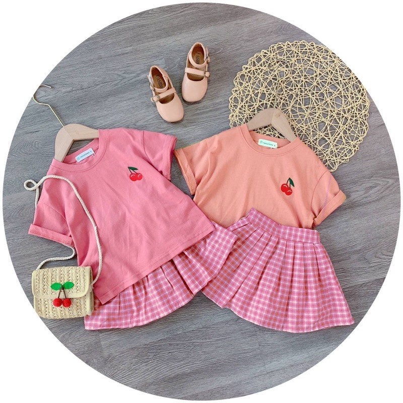 (8-20kg) Set váy hồng thêu quả cherry bé gái QATE914