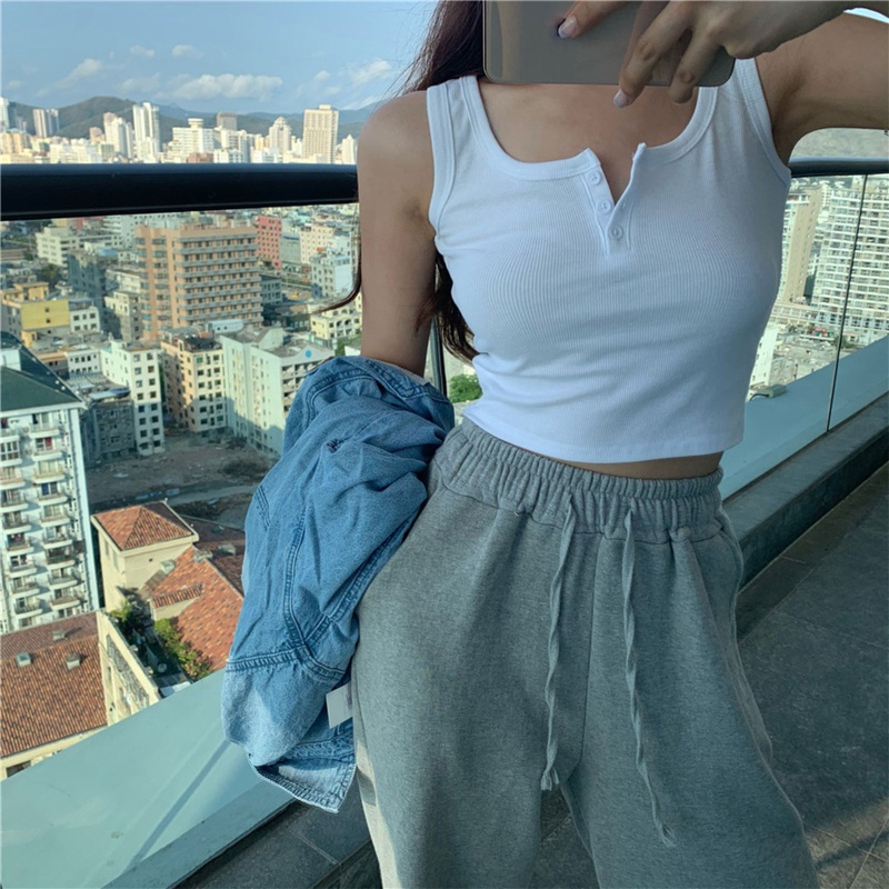 Áo Croptop Dệt Kim Sát Nách Dáng Ôm Cài Khuy Trước Kiểu Pháp Quyến Rũ Cho Bạn Gái