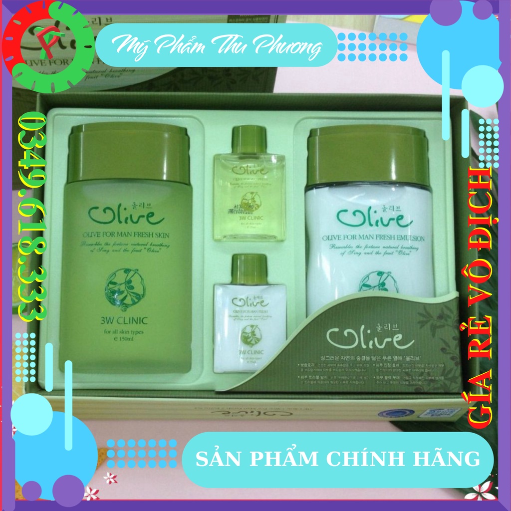 Bộ Mỹ phẩm nam giới chăm sóc làm trắng dưỡng ẩm da mặt Hàn Quốc Chính Hãng 3W CLINIC OLIVE FOR MAN FRESH 2 ITEMS SET