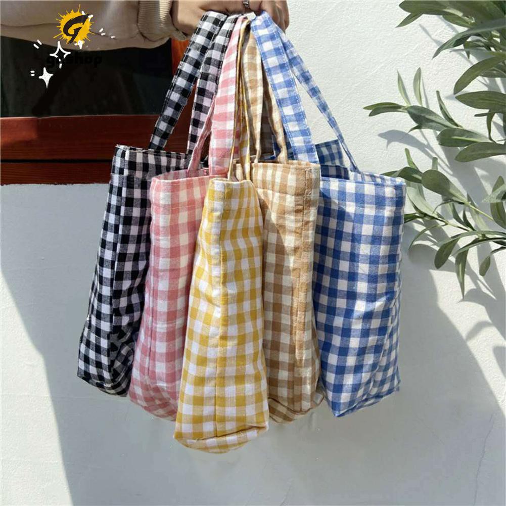 (GO ) Women Portable Cloth Shopping Handbag Tote Plaid Food Picnic Lunch Bags