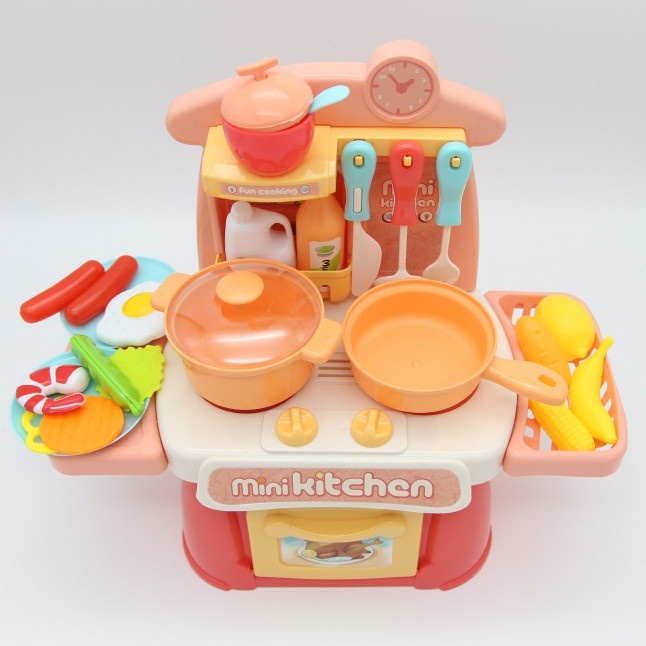 Bộ Đồ Chơi Nhà Bếp, Đồ Chơi Nấu Ăn Mini Kitchen 26 Món Màu Hồng Cam Có Phát Nhạc