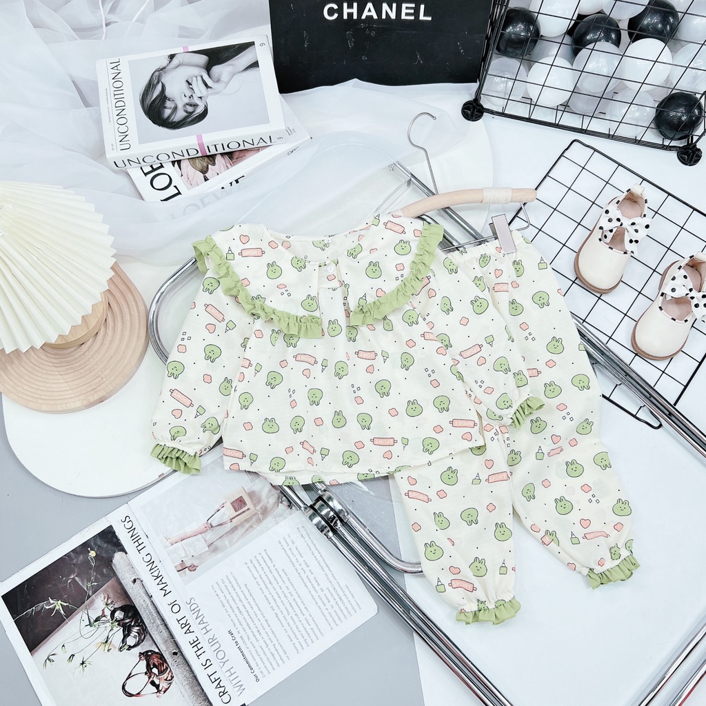 Đồ bộ Pijama dài tay cho bé gái phối ren cổ bèo xịn xò 8-20kg