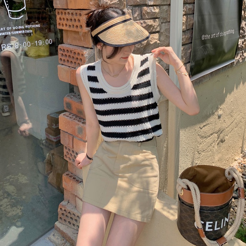 Áo kiểu IELGY sát nách dệt kim họa tiết kẻ sọc phong cách retro thời trang dành cho nữ