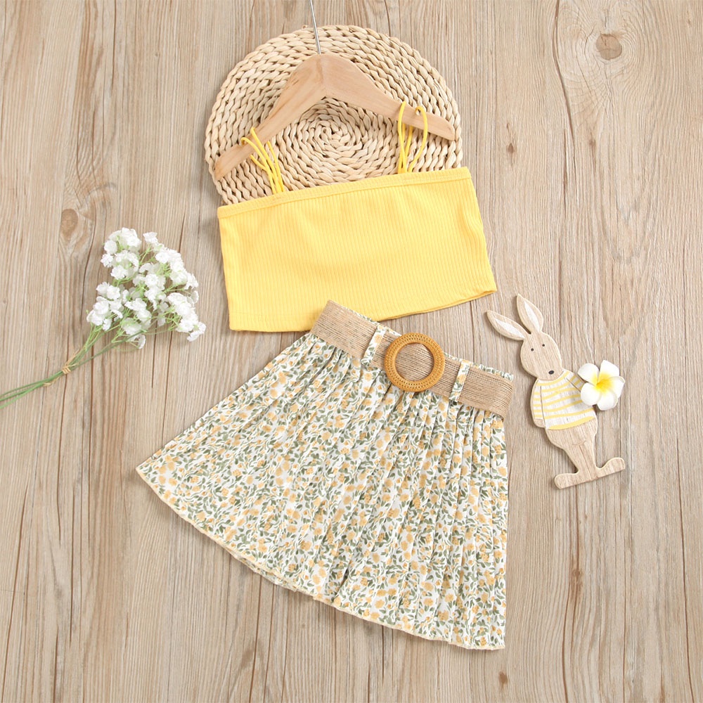 Set trang phục BEAR LEADER áo kiểu hai dây màu trơn và chân váy hoa thời trang mùa hè xinh xắn dành cho bé gái