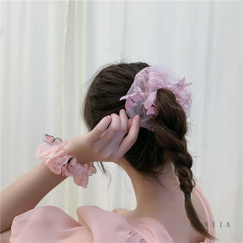 Dây buộc tóc co giãn phối vải lưới đính bướm nhiều màu sắc thời trang Hàn Quốc cho nữ