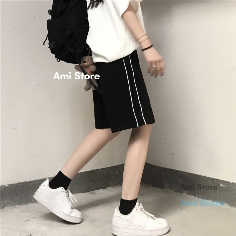 Quần đùi nam nữ ống rộng, quần short sọc trắng ulzzang cạp chun thoải mái phong cách năng động QS14 Ami store | BigBuy360 - bigbuy360.vn