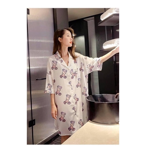 Váy ngủ sơ mi lụa tay lỡ cao cấp quảng châu 12