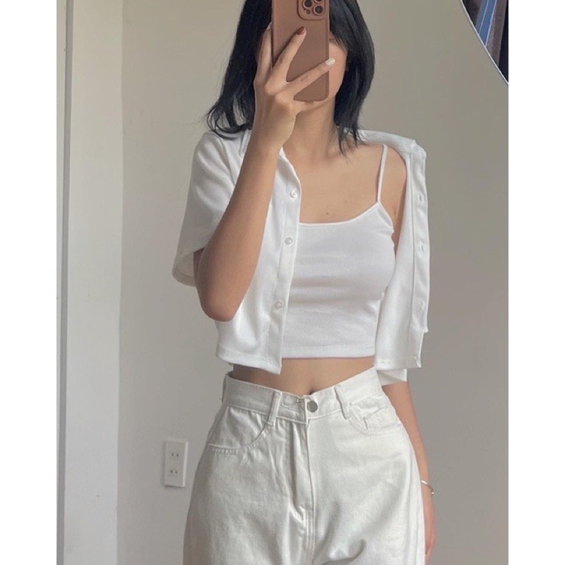 LOVI SHOP - Set áo croptop sơ mi+ áo hai dây basic thun tăm gân mềm LOVI