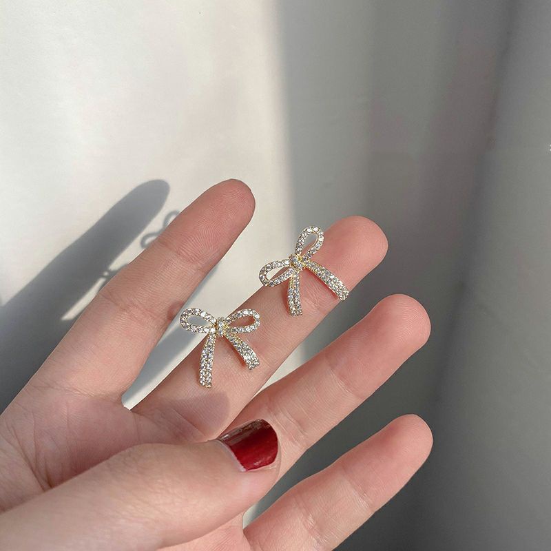 Bông tai bạc S925 - Hoa tai bạc Ý thắt nơ nhỏ đính đá dễ thương, sang trọng ZaZa accessories