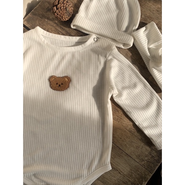 Body Gấu thêu kèm mũ & turban chất cotton gân xuất Hàn cho bé