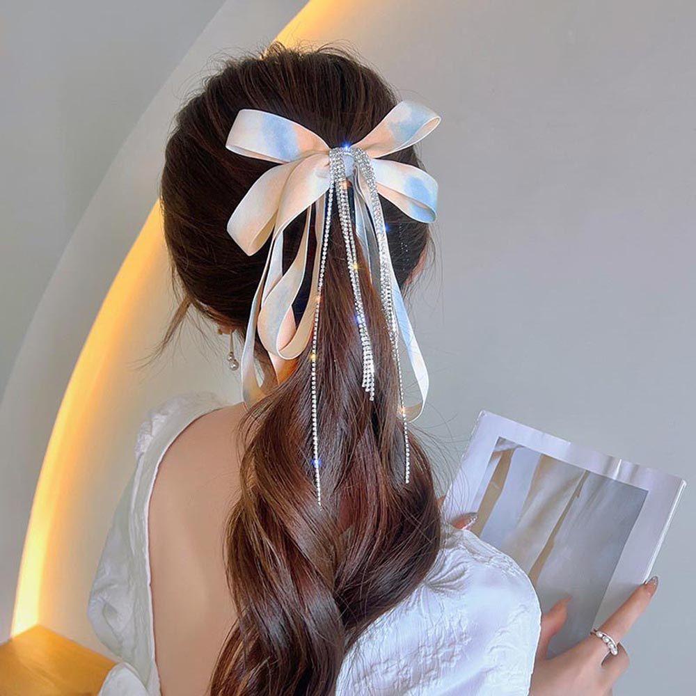 Kẹp Tóc Nơ Tua Rua Dáng Đứng Đính Đá Zircon Nhiều Màu Phong Cách Hàn Quốc Cổ Điển Thời Trang Cho Nữ