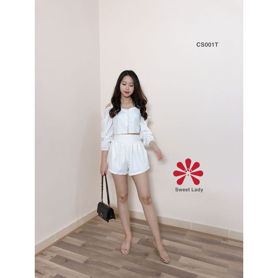 Set bộ nữ sang chảnh áo xẻ vai dài tay quần đùi sweetlady ảnh thật freeship