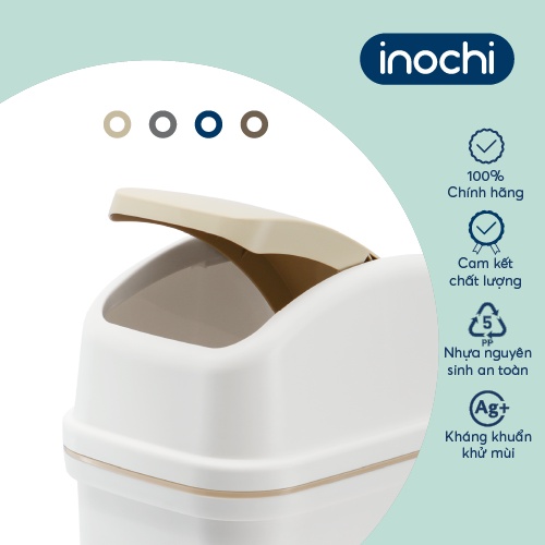 Thùng rác nắp lật Inochi - Hiro 10L (loại kèm ruột) Thân Trắng kem + Nắp Ghi / Xanh / Nâu / Be