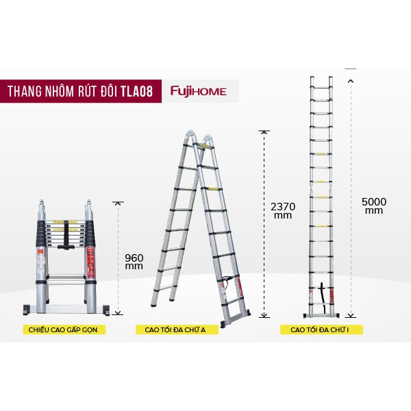 Thang nhôm rút chữ A gấp gọn cao 5M nhập khẩu Nhật Bản FUJIHOME TLA08, rút đôi xếp gọn gia đình đa năng - Bảo hành 1 năm