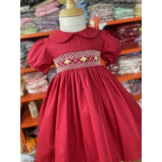 Đầm smock đỏ hoa vàng cổ sen