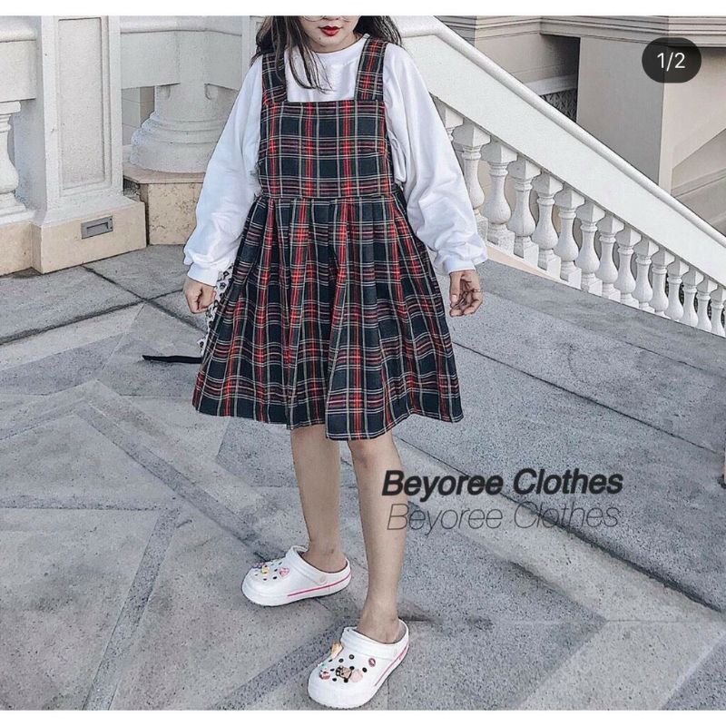 [Mã SKAMFSW175 giảm 10K đơn 50K] [SIÊU HOT Set Váy Yếm BaByDoll Kẻ 🦋 Bộ Váy Yếm Kèm Áo Thun Tay Bồng Dài Tay 2 Màu 🦋