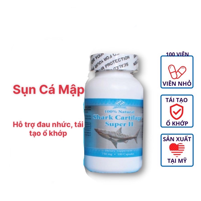 Viên Uống Sụn Cá Mập Shark Cartilage Super II Nuhealth của Mỹ - 100 viên - Hàng Chuẩn Mỹ