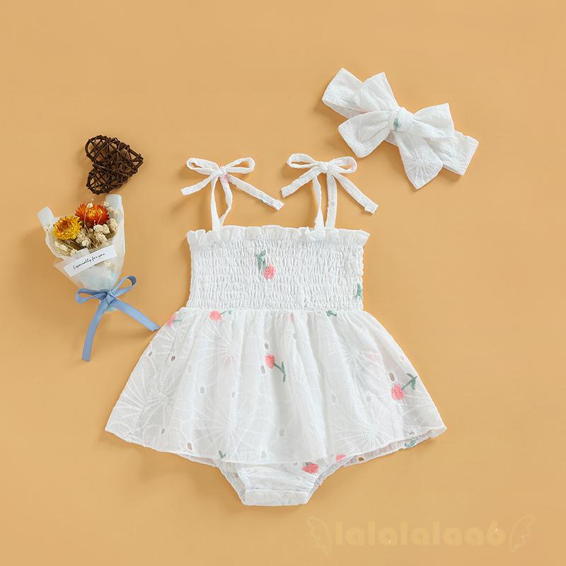 Set Đồ Liền Thân Không Tay Họa Tiết Hoa Thêu Kèm Băng Đô Xinh Xắn Cho Bé Gái La6