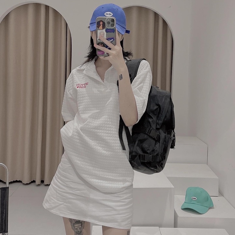 Áo Polo nữ form rộng Xốp ô vuông 1ESS❤️ [FREESHIP] Áo cổ bẻ trắng thêu chữ lạ mắt cực chất