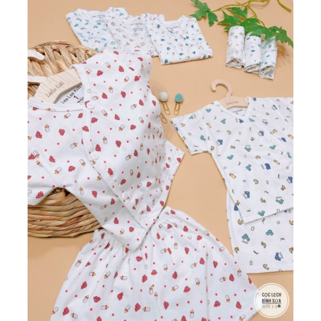 Bộ Quần Áo Cộc Sơ Sinh Cotton Leelee Kid, Vải Trắng in Họa Tiết