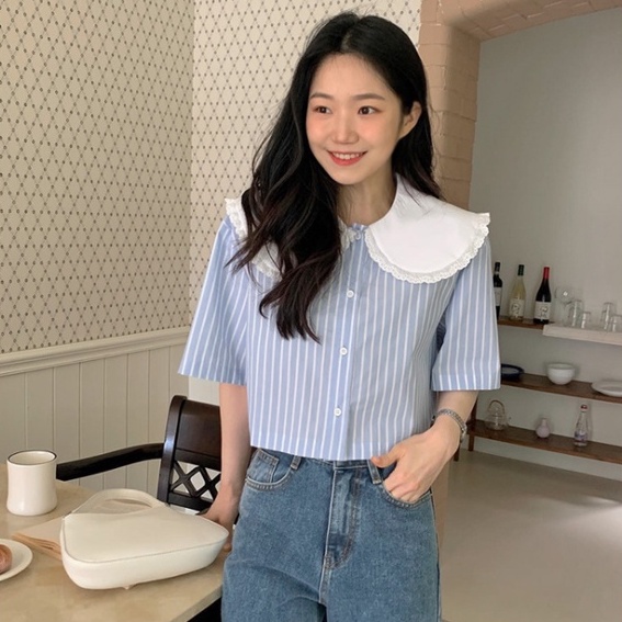 Áo sơ mi SUXI ngắn tay cổ búp bê họa tiết kẻ sọc màu trơn phong cách Hàn Quốc thời trang mùa hè cho nữ