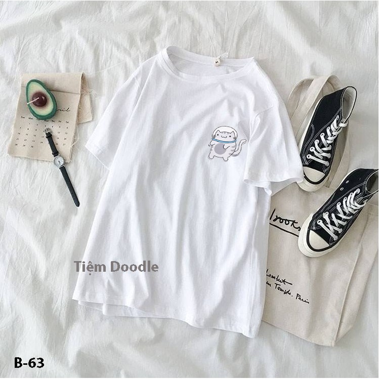 Áo Thun Nam Nữ Tay Lỡ Unisex Phông Trơn Oversize Form Rộng Basic Tee Hình Mèo phi hành gia