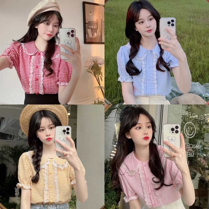 Áo sơ mi SUXI tay ngắn dáng ôm cổ búp bê kẻ sọc ca rô dễ thương thời trang mùa hè cho nữ