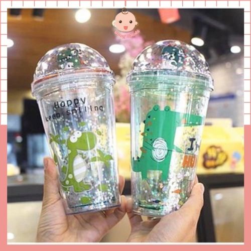 Bình Nước Cute Giữ Nhiệt Khủng Long 2 Lớp 500ml Có Ống Hút Bông Bi Kids Store