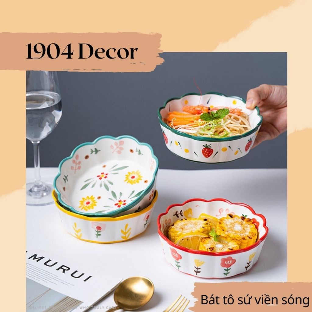 Bát tô sứ, bát salad hoạ tiết hoa xinh xắn viền lượn sóng - 1904 DECOR