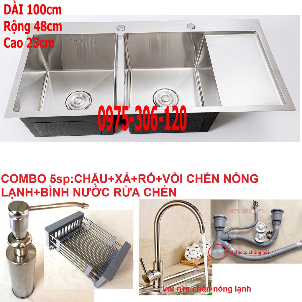 Combo Chậu Rửa Chén Bát INOX SUS 304 N1 10048  và Vòi Chén Nóng Lạnh Rổ Thực Phẩm,Bình rửa chén+Bộ Xả chậu