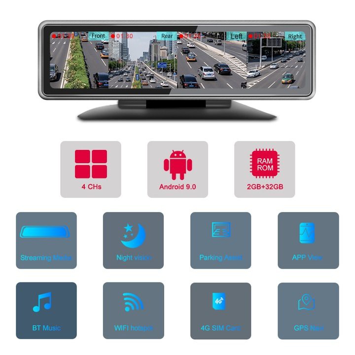 Camera hành trình 360 độ gắn gương và taplo ô tô cao cấp nhãn hiệu Phisung T88 màn hình cảm ứng 12 inch, Wifi, 3G/4G