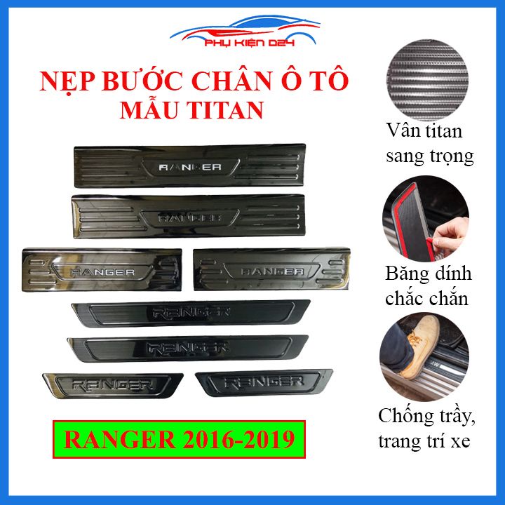 Bộ ốp bậc cửa trong ngoài nẹp bước chân Ranger 2016-2017-2018-2019 vân Titan chống trầy trang trí xe