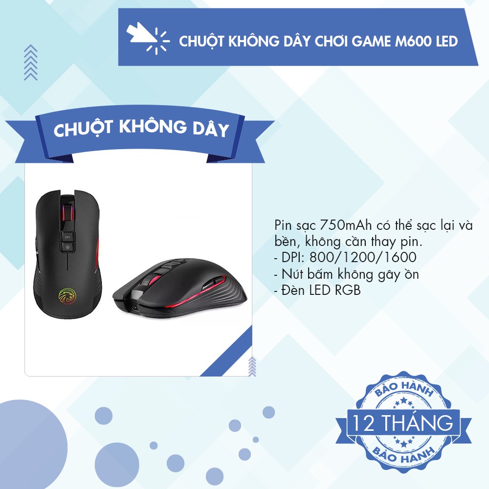 Chuột chuyên GAME FMOUSE M600 LED 7 MÀU không dây sử dụng Pin Sạc