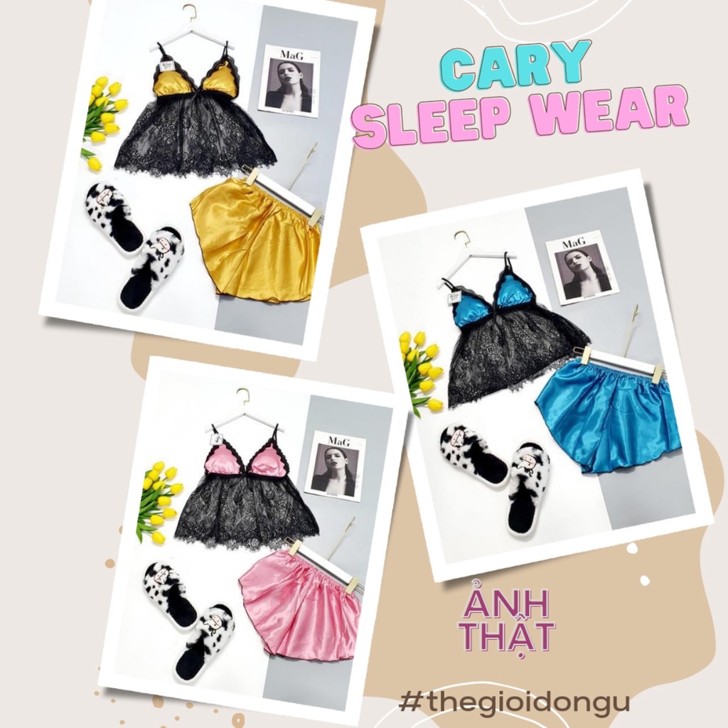 Đồ bộ ngủ hai dây mặc nhà lụa phi mút ngực phối ren CARY, đồ ngủ sexy 2 dây gợi cảm mềm mát mặc hè quyến rũ
