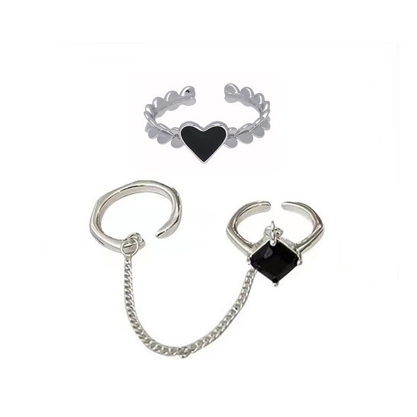 Set 3 Nhẫn Đính Đá Đen Nhân Tạo Nhiều Kiểu Dáng Thời Trang Dành Cho Nữ